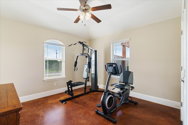 workout area with ceiling fan and a wealth of natural light