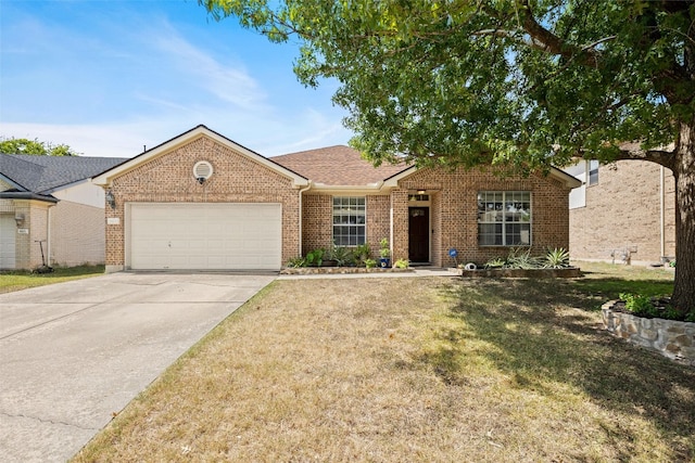 single story home featuring a front yard and a garage