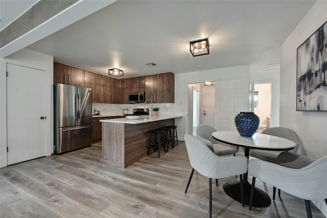 kitchen with backsplash, appliances with stainless steel finishes, light wood-type flooring, a breakfast bar, and kitchen peninsula