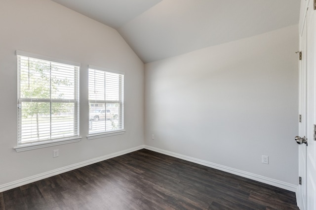 empty room with lofted ceiling, dark hardwood / wood-style floors, and plenty of natural light