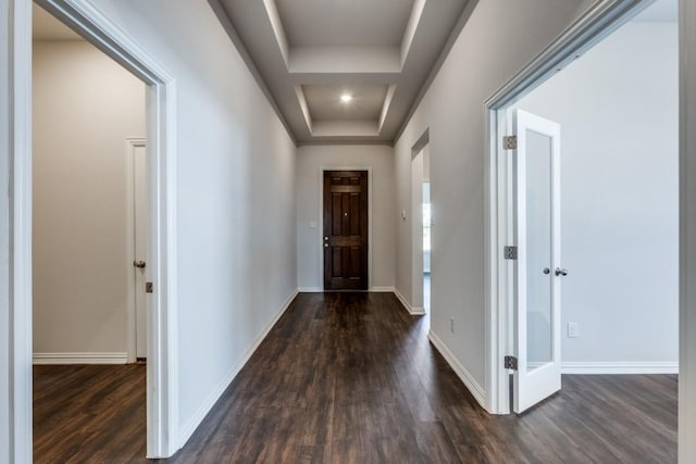 509 Oleander Loop, Buda, TX 78610 - hall featuring dark wood-style floors, baseboards, and a raised ceiling
