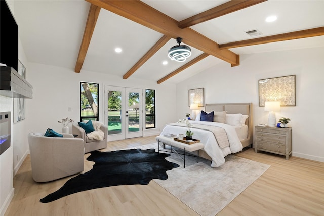 bedroom featuring access to outside, light hardwood / wood-style flooring, lofted ceiling with beams, and french doors