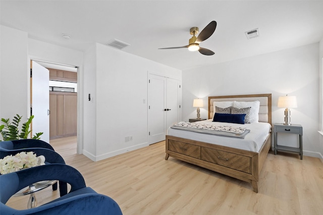 bedroom featuring ceiling fan and light wood-type flooring