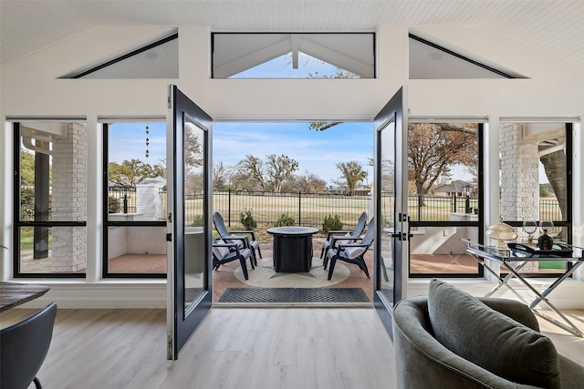 entryway with light hardwood / wood-style floors, a healthy amount of sunlight, and vaulted ceiling