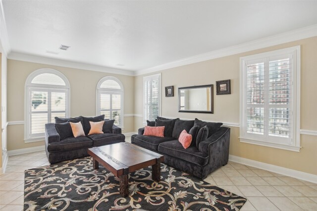 tiled living room with crown molding