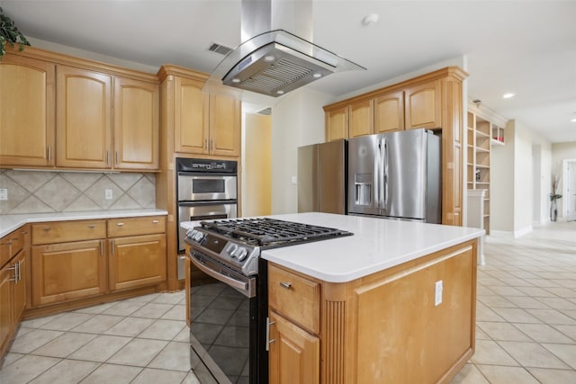 kitchen featuring a kitchen island, appliances with stainless steel finishes, tasteful backsplash, light tile patterned flooring, and island exhaust hood