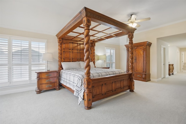 bedroom with light colored carpet, ceiling fan, and ornamental molding