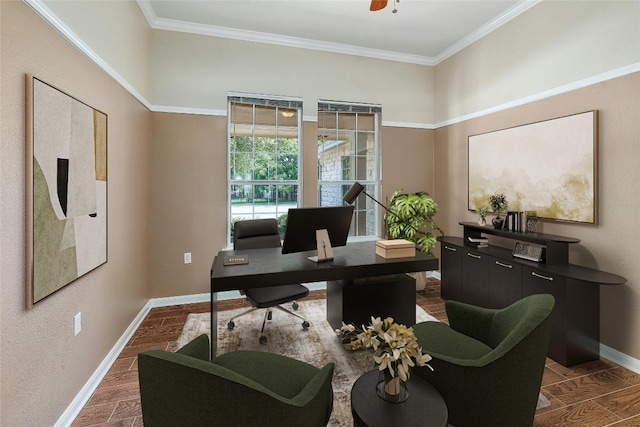 office space featuring ceiling fan and ornamental molding