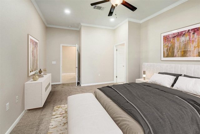 carpeted bedroom with ceiling fan and crown molding