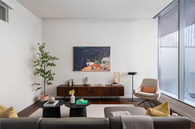 living room with dark hardwood / wood-style flooring