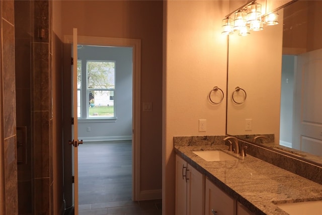 bathroom with hardwood / wood-style floors and vanity