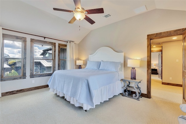 carpeted bedroom with lofted ceiling and ceiling fan