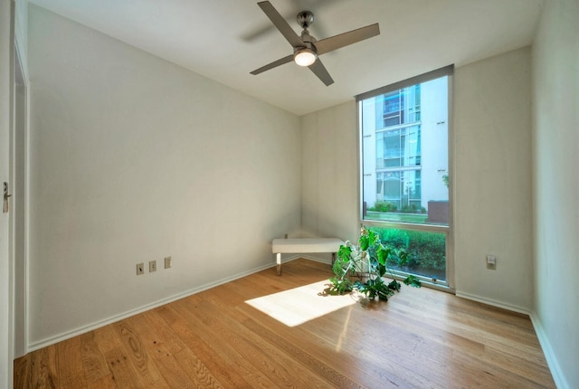 unfurnished room with ceiling fan and light hardwood / wood-style flooring