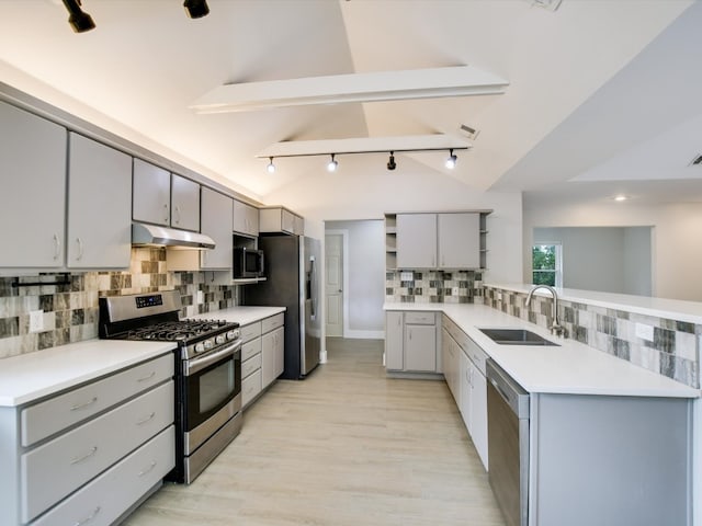 kitchen with sink, vaulted ceiling with beams, kitchen peninsula, gray cabinets, and appliances with stainless steel finishes