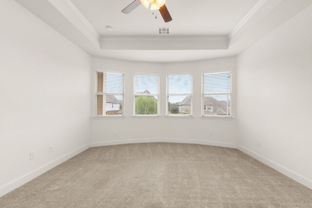 spare room with a tray ceiling, light colored carpet, and crown molding