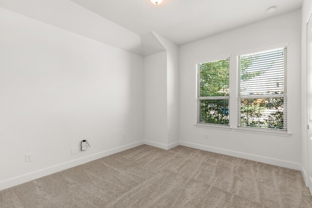 spare room with baseboards and light colored carpet