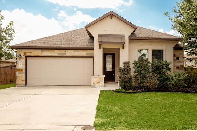 view of front of house with driveway, stucco siding, a shingled roof, a front lawn, and a garage