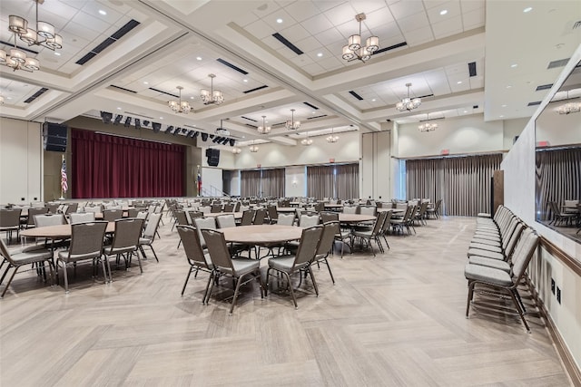 dining room featuring a high ceiling, coffered ceiling, and a notable chandelier