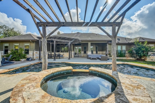 view of pool with a pergola, an in ground hot tub, and a patio