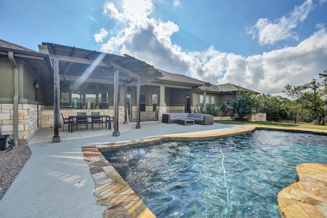 view of swimming pool featuring an outdoor living space, a pergola, and a patio