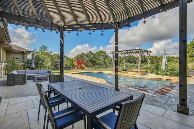 view of patio featuring a playground, an outdoor living space, and a pergola