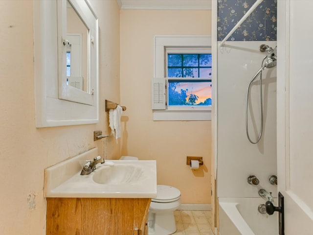 full bathroom with ornamental molding, shower / washtub combination, vanity, and toilet