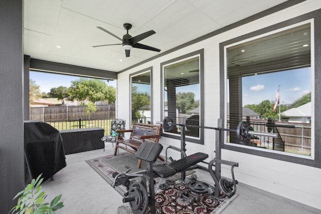 exterior space with grilling area and ceiling fan