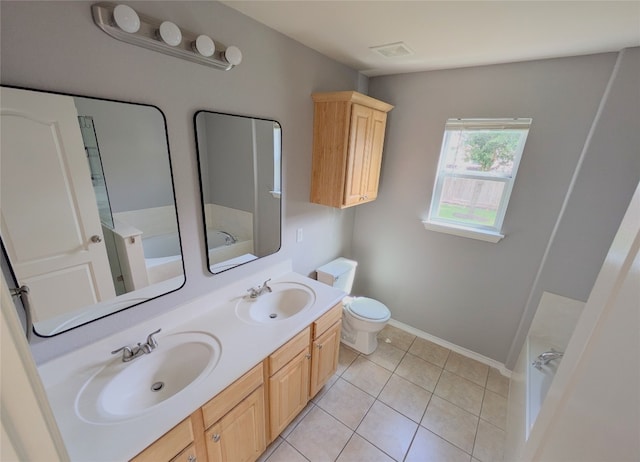 bathroom with vanity, toilet, and tile patterned floors