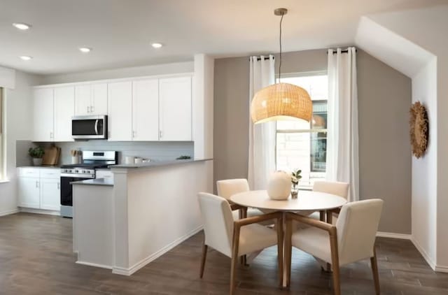 kitchen featuring tasteful backsplash, decorative light fixtures, dark wood-type flooring, white cabinetry, and appliances with stainless steel finishes