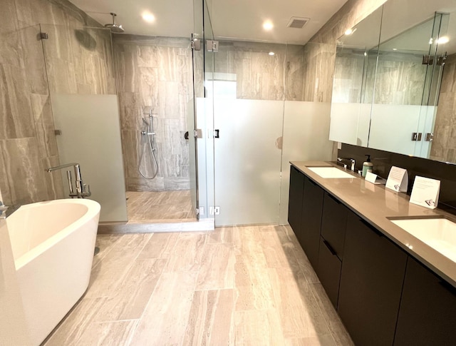 bathroom featuring vanity and plus walk in shower