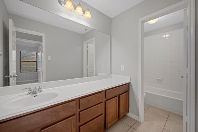 full bathroom featuring shower / washtub combination, tile patterned flooring, vanity, and toilet