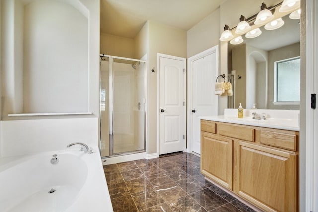 bathroom with plus walk in shower and vanity