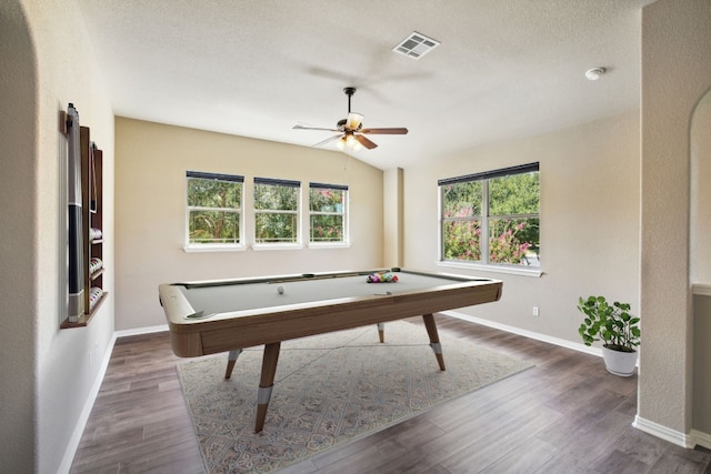 recreation room featuring ceiling fan, a textured ceiling, billiards, and dark wood-type flooring