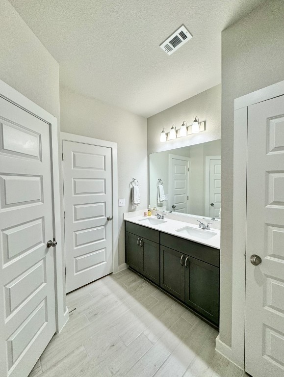 bathroom featuring wood-type flooring, a textured ceiling, and vanity