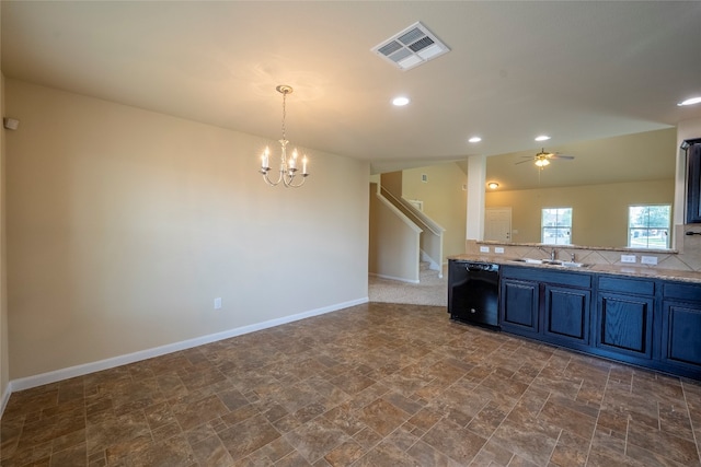 kitchen with sink, ceiling fan with notable chandelier, pendant lighting, decorative backsplash, and black dishwasher