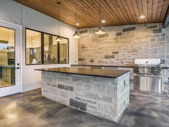 bar with decorative light fixtures and wood ceiling