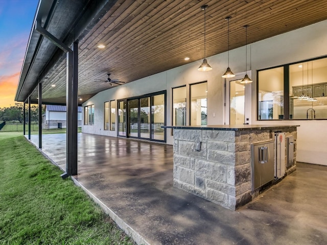 exterior space with pendant lighting, stainless steel refrigerator, wooden ceiling, and ceiling fan