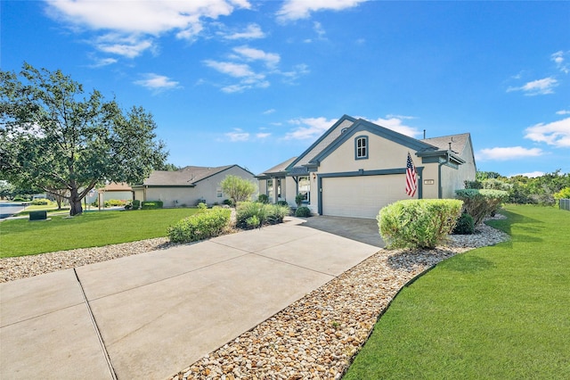 single story home with a garage and a front lawn