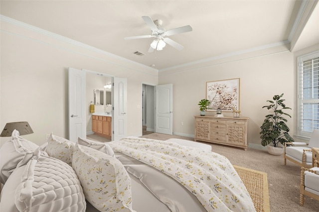 bedroom featuring connected bathroom, ceiling fan, crown molding, and light carpet