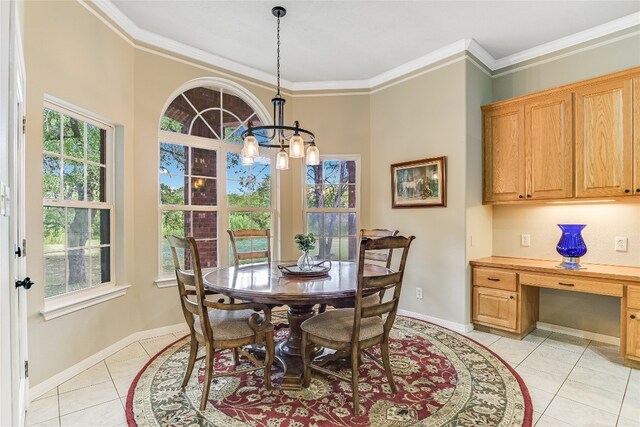 tiled dining room with ornamental molding and a notable chandelier