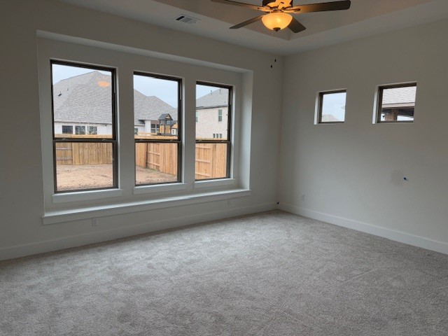 carpeted spare room with ceiling fan