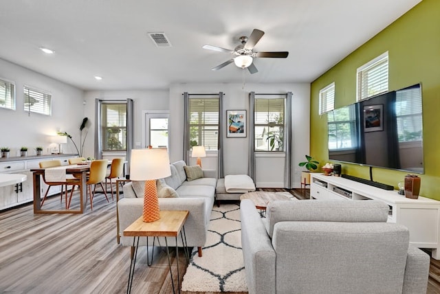 living room with ceiling fan and light hardwood / wood-style flooring