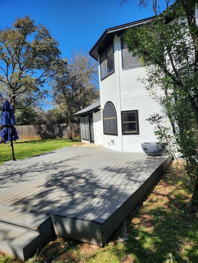 wooden deck featuring a yard and fence