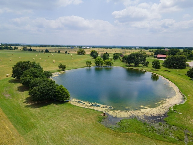 drone / aerial view with a water view and a rural view