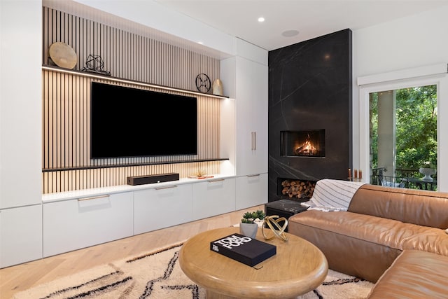 living room with a large fireplace and wood-type flooring