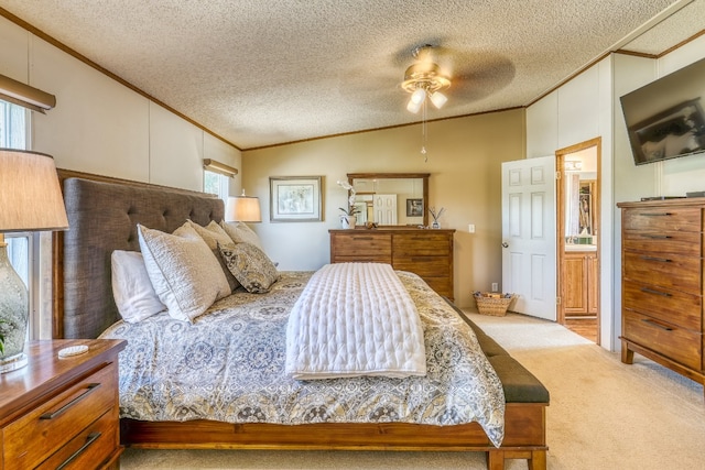 carpeted bedroom featuring lofted ceiling, multiple windows, and a textured ceiling