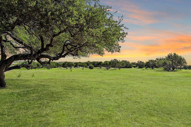 yard at dusk featuring a rural view