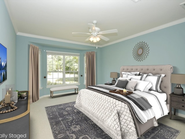 carpeted bedroom featuring crown molding and ceiling fan