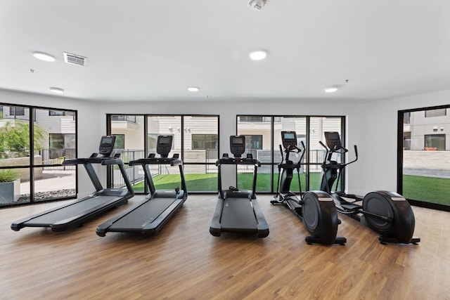 workout area with hardwood / wood-style flooring