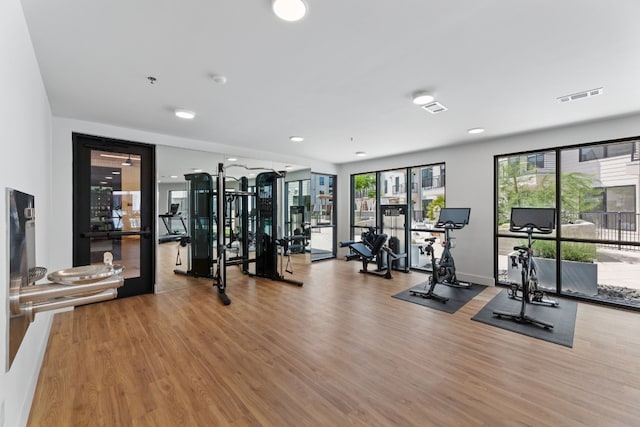 workout area featuring hardwood / wood-style floors